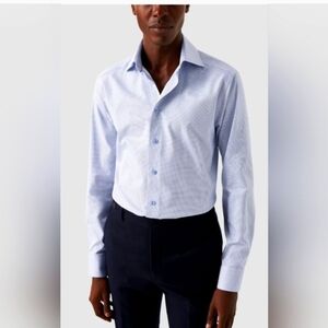 Eton 100% Cotton Slim Check Sky Blue Dress Shirt Size 17.5 NEW